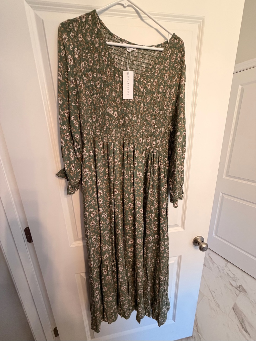 Baltic Born Olive Green Floral Maxi Dress with Smocked Bodice